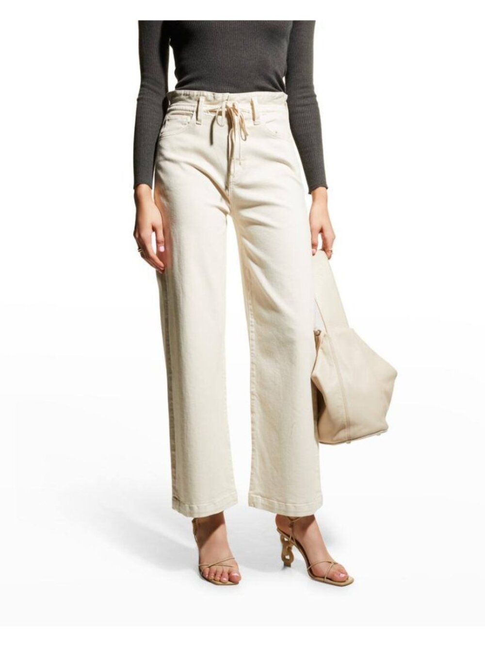Paige Carly Wide-Leg Jeans w/ Waistband Tie Ivory Size 26